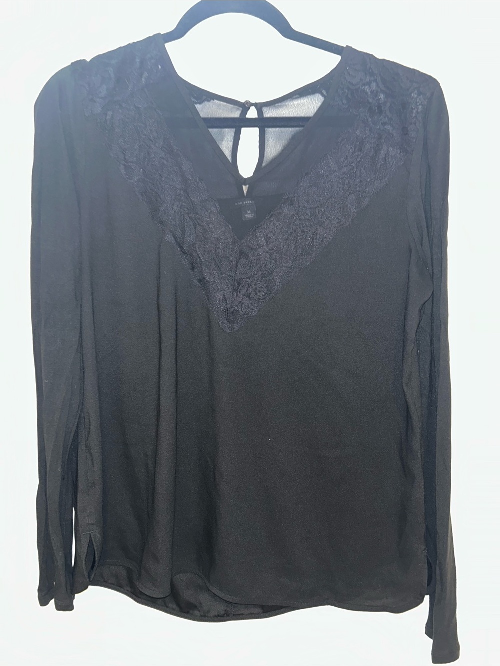 Ann Taylor Black Lace-Trim V-Neck Blouse
